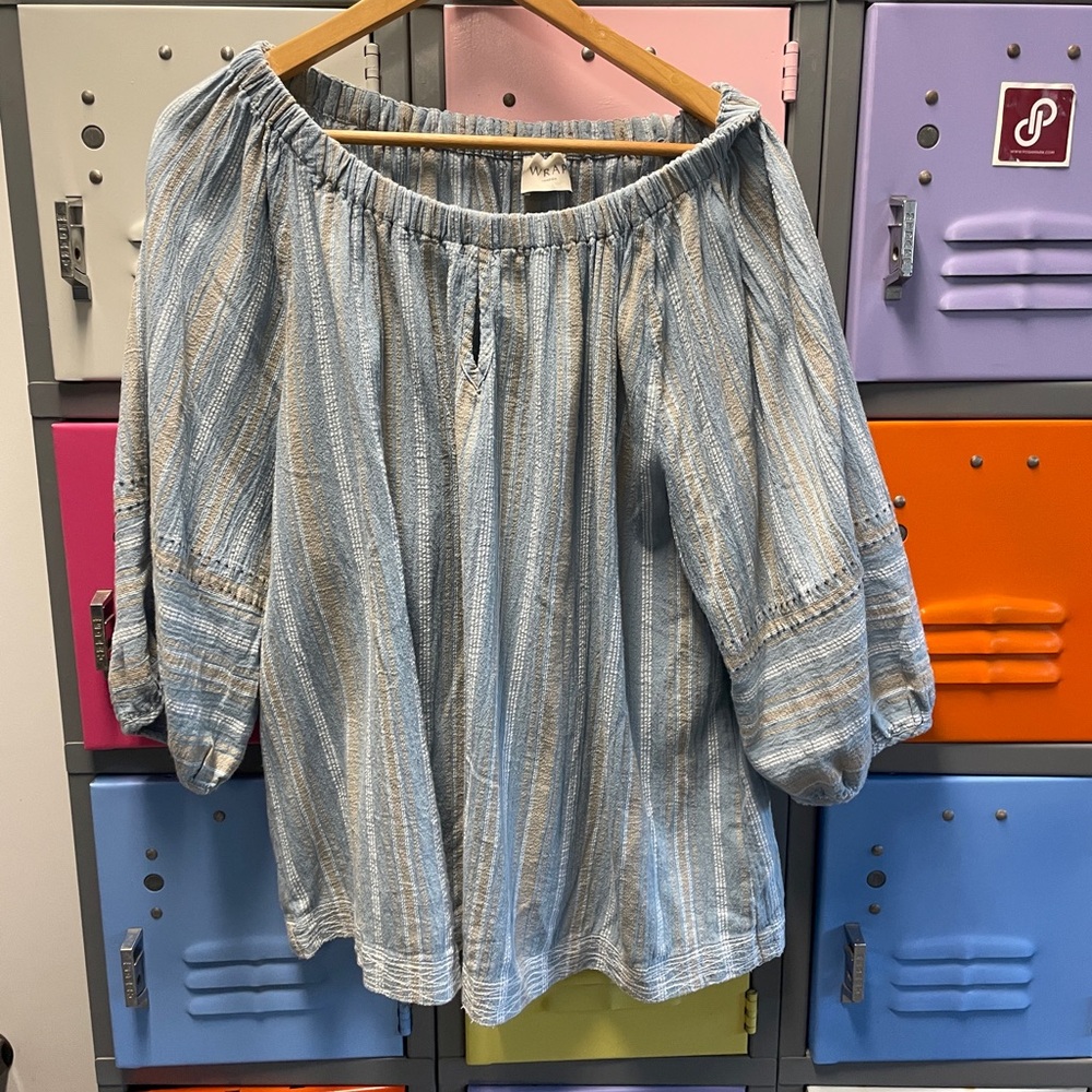 Wrap London Elegant Blue Striped Off-Shoulder Blouse, 18
